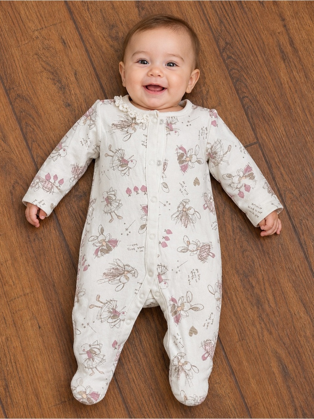 Cream Floral Bunny Footed One-Piece with Ruffle Collar